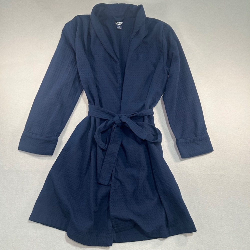 Lands End Robe Womens XL Navy Blue Textured Waffle Weave Wrap Belted Bathrobe
